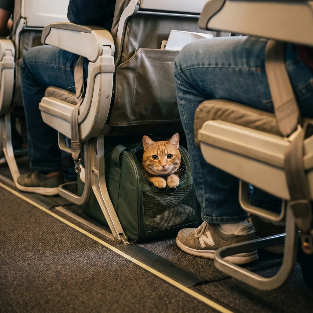 Кошка в переноске под креслом в салоне самолета