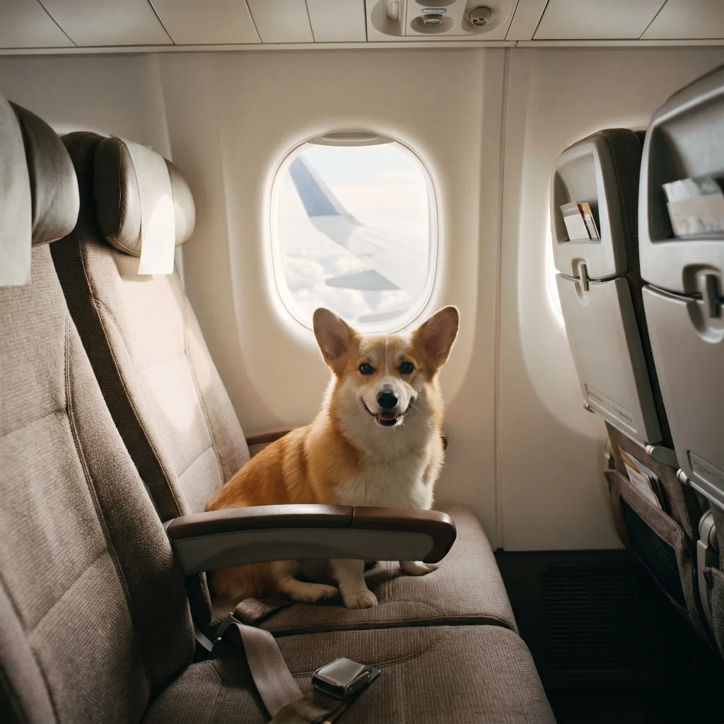 Собака в транспортировочном боксе в грузовом отсеке самолета