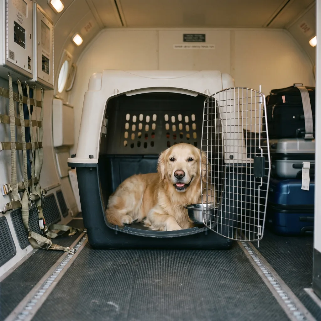 Собака на соседнем кресле у иллюминатора в салоне самолета